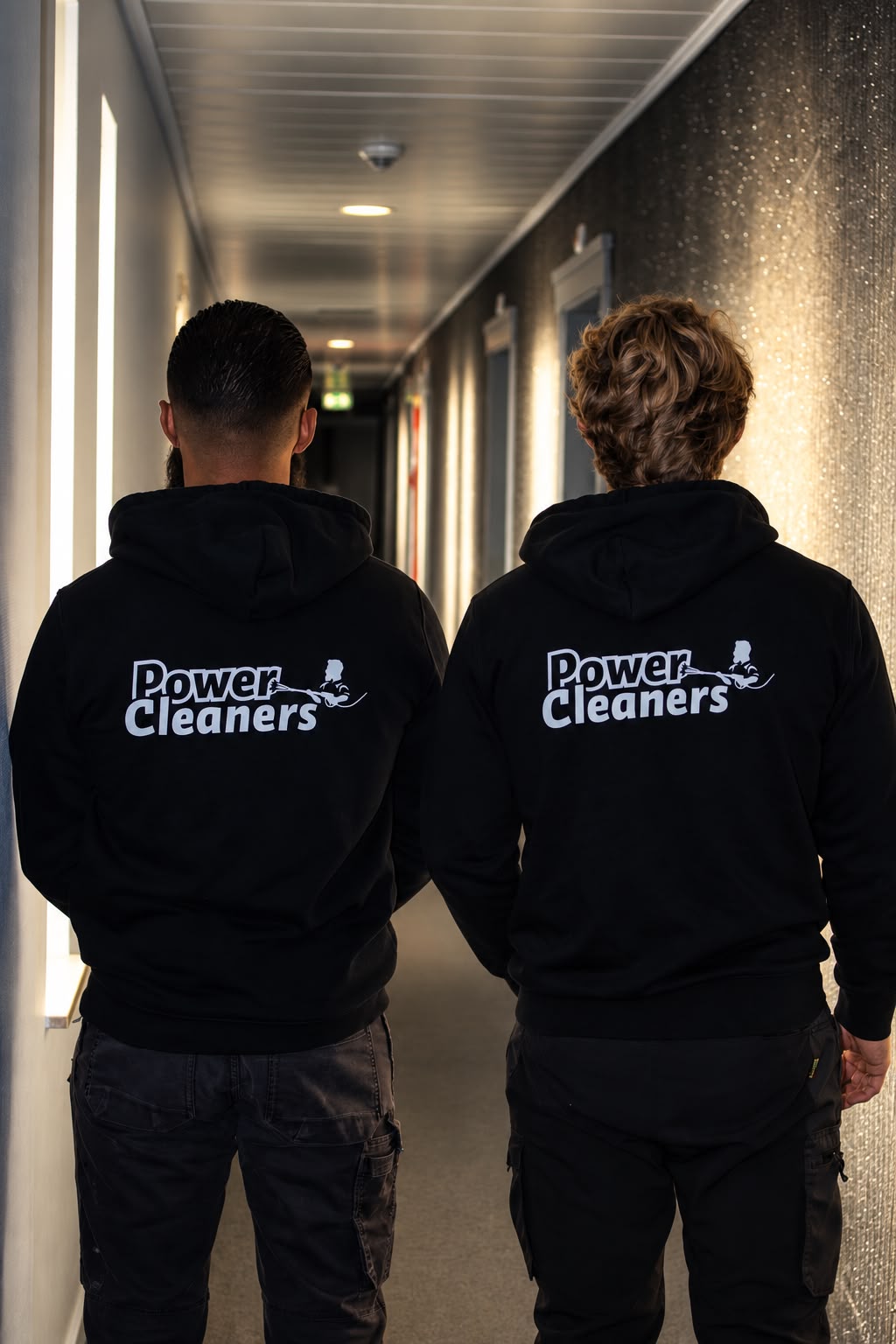 Twee PowerCleaners-medewerkers in een kantoorgang